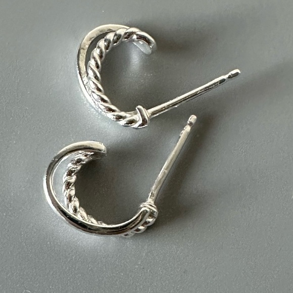 Sterling Silver Double Hoop Smooth and Twist Tiny Huggy Earrings - Picture 8 of 13